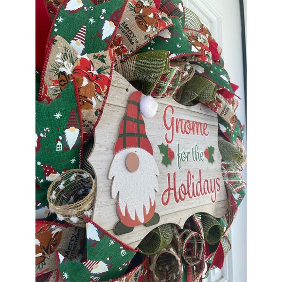 Gnome for the Holidays Deco Mesh Ribbon Christmas Wreath Front Door Hanger - Picture 4 of 7